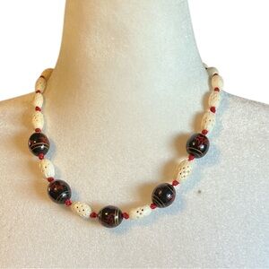 Vintage Les Bernard Inc. Hand-Knotted Necklace with Carved & Painted Beads